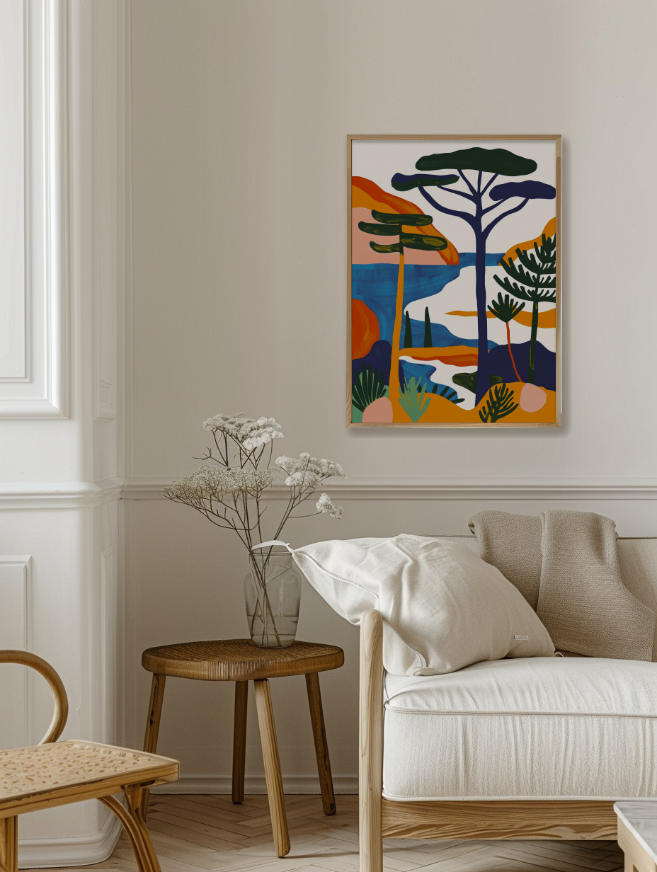 an abstract painting of Österlen in the style of Matisse and Picasso, colors from the sea, skies and pine trees, summer time, simple background, pine trees, alot of white space, coastal.